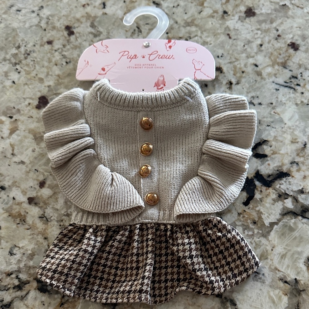 Pup + Crew Beige Ruffle Dog Dress with Houndstooth Skirt